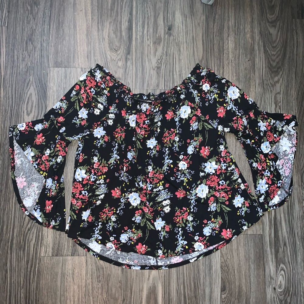 Black floral top with bell bottom sleeves